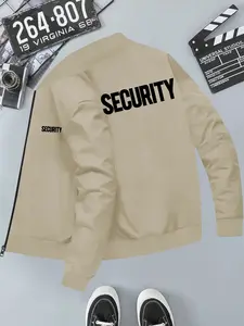 Men's Security Graphic Print Zipper Jacket, Casual Drop Shoulder Long Sleeve Coat, Fall & Winter Daily Wear, Fitted Style, Casual Fashion Jacket