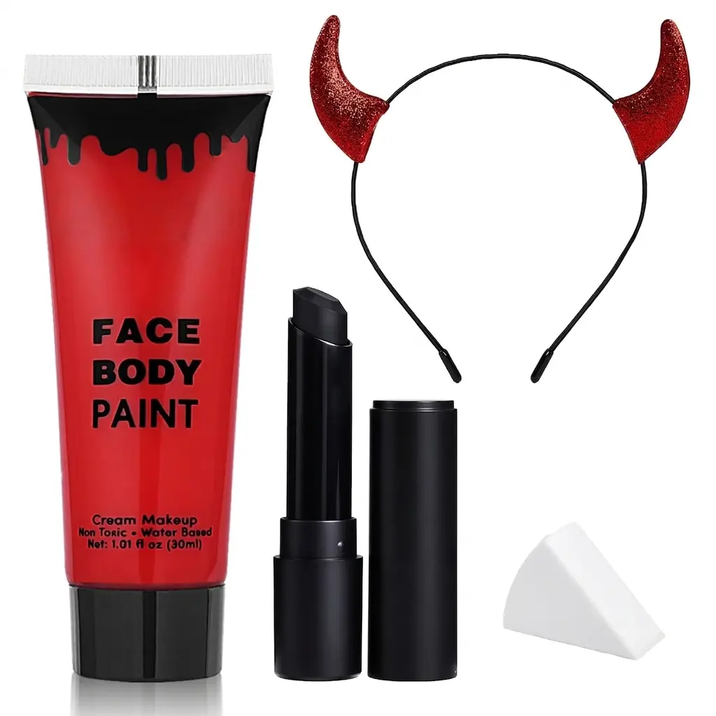Women's Halloween Makeup Kit - 1.01oz Water-Based Red Body & Face Paint, Black Lipstick, Sponge, Cream Face Paint Stick, Devil Glitter Horns Headband