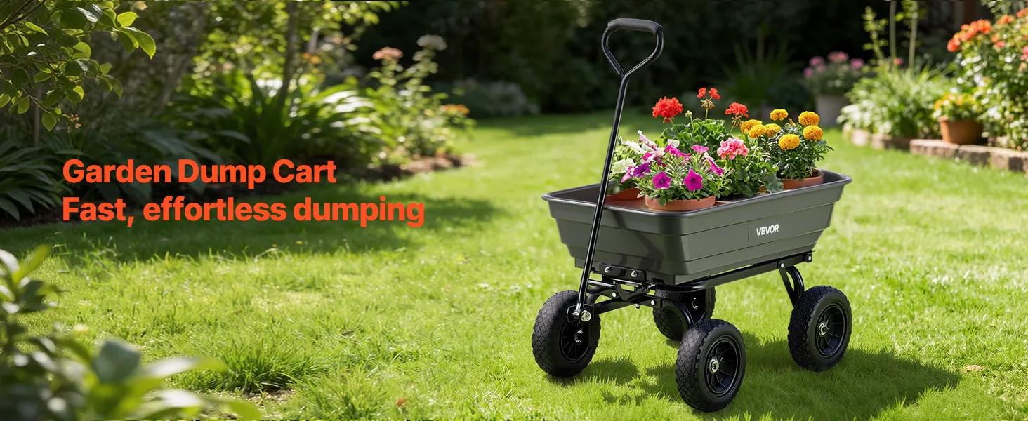VEVOR Garden Dump Cart, 600 lbs Poly Dump Cart, Garden Carts Dumps Wagon with 90° Quick-Dumps Mechanism, 180° Swivel Wheels, 270° Flexible Rotating Bearings, Yard Wagon for Plants, Soil, Crops