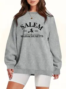 Salem, Massachusetts 1626 Sweatshirt - Festive Salem Design, Polyester Material, Casual Style, Round Neck, Microfiber Fabric, Halloween Themed, All Seasons, No Details, Pullover Sweatshirt