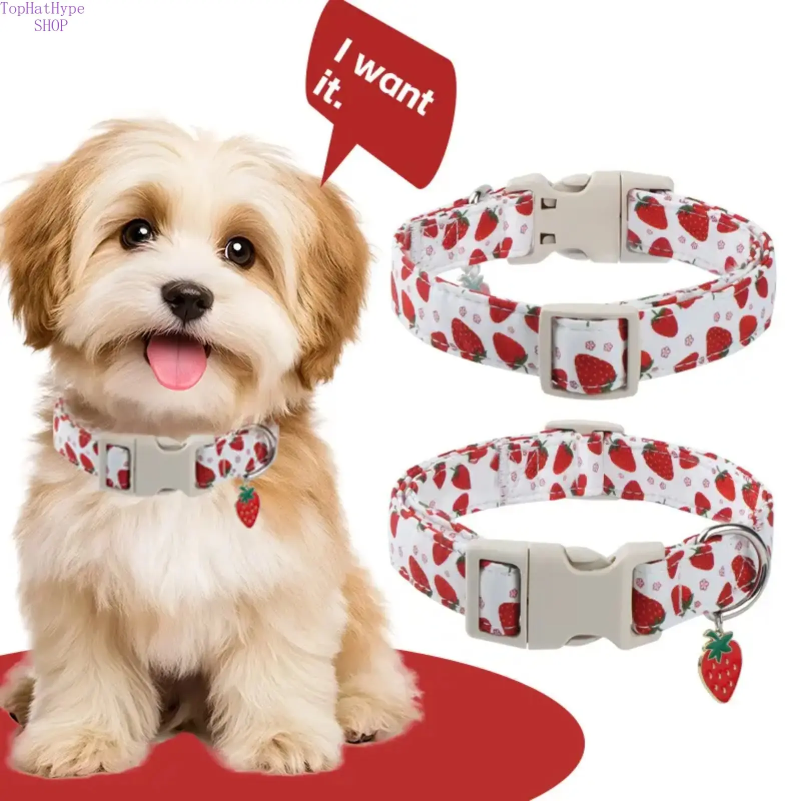 Strawberry Print Pet Collars with an Elegant Pendant, a Cute and Uniquely Crafted Festive Gift for Dogs & Cats this Christmas, Fruit, Safe Fabric, Cute Strawberry Print, Christmas Gift, Safe Material, Chemical-Free, Snug Fit, Small, Special Craftsmanship