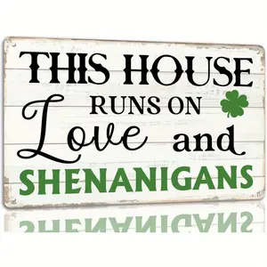 St. Patrick's Day Decor Wall Signs - "THIS HOUSE RUNS ON love and SHENANIGANS" - Retro metal signs with green shamrocks - Decor for Irish kitchen, living room, office - Moving house gift, shamrock theme, holiday decoration