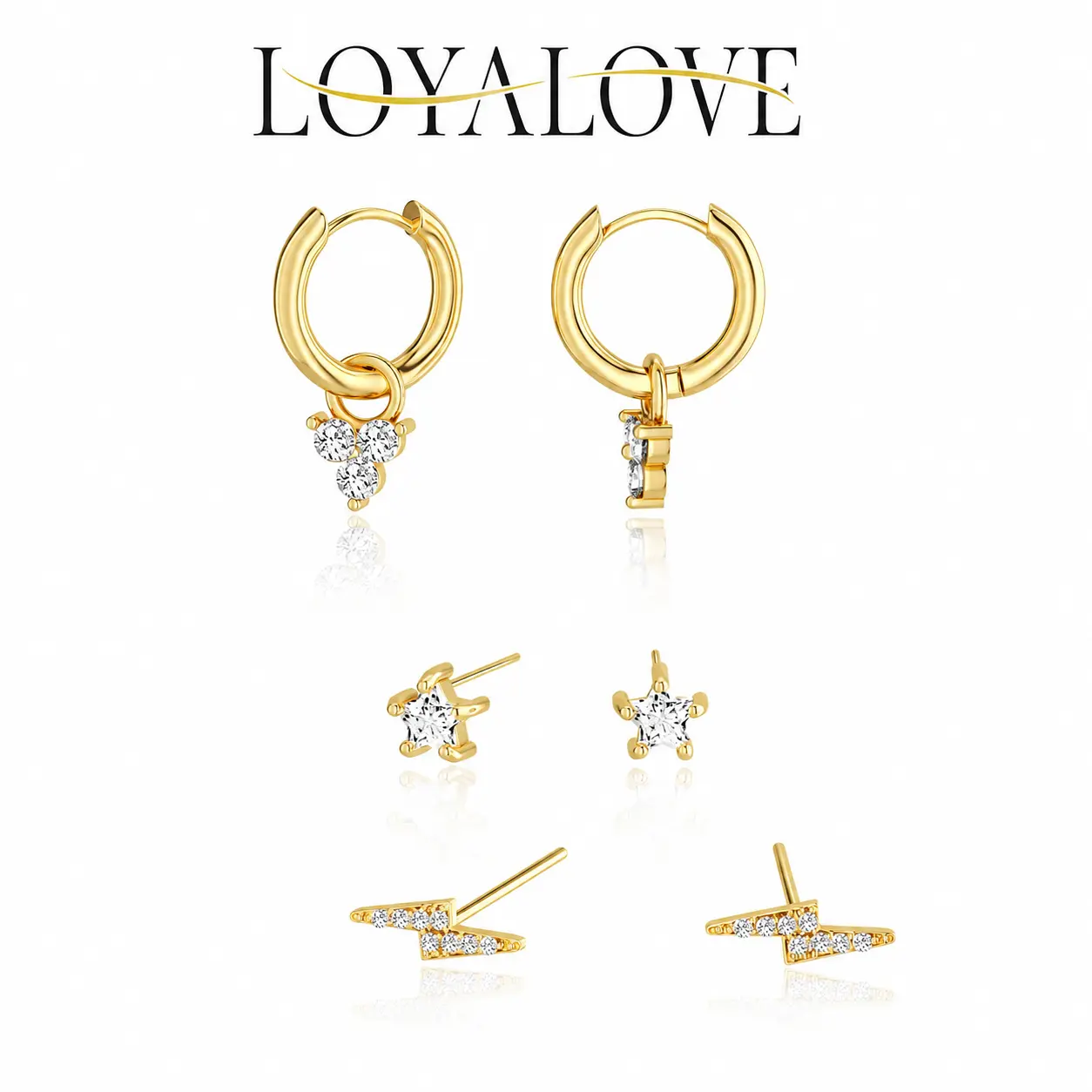 Loyalove 3 Pairs 14K Gold Plated Tone Earrings Set for Women, Cubic Zirconia Huggie Hoop, Star & Lightning Bolt Stud Earrings, Dainty Stackable Ear Piercing Jewelry, Trendy Gift for Her