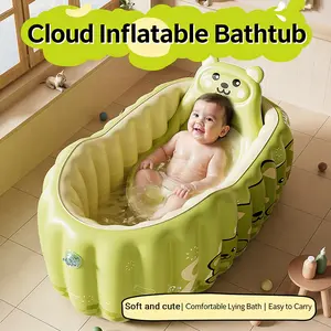 Inflatable baby Bathing Tub, Foldable Bath Tub with Pump & Bath mat, Green cartoon bear design,Not Slip Base Comfortable Insert, used sitting or lying portable bathtub for Home Travel Camping Beach Vacation Swimming Fun Workplace Apartment