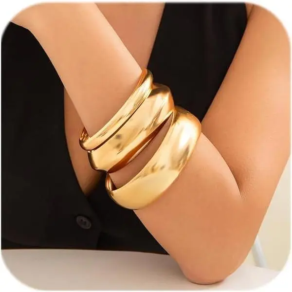 Chunky Gold Bangle Bracelets for Women Trendy Wide Chunky Cuff Bangles Bracelet 3pcs Gold/Silver Stackable Hammered Wrist Cuff Wrap Bracelet Jewelry for Women