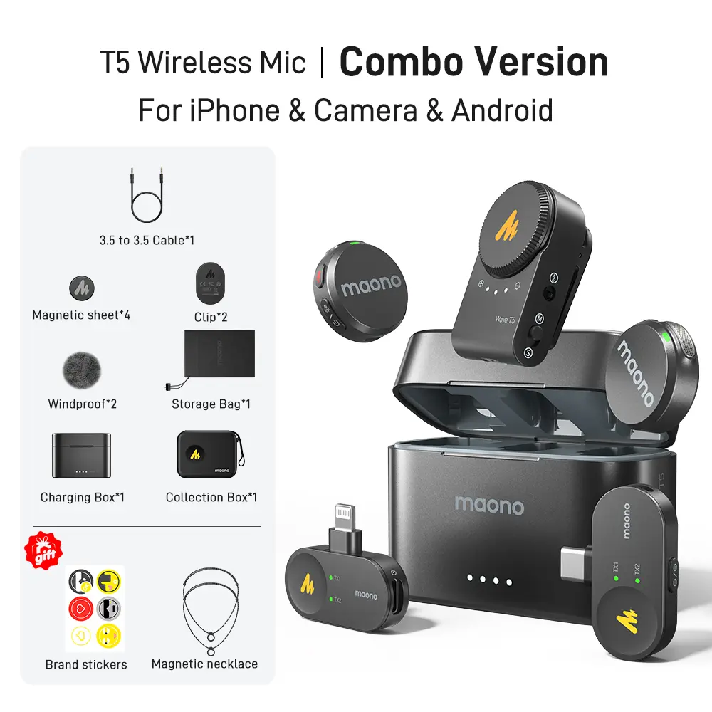 Maono T5 Cordless Clip-On Lavalier Microphone Vlogging Kit with Charging Box, Magnetic Charging, 30H Long Battery, ENC Noise Cut, Adjustable Cable, Compatible with PC Cameras, iPhones, USB Type-C/Lightning Android Phones for TikTok Streaming, Recording