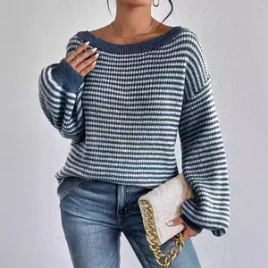 Women's casual loose long-sleeved autumn and winter knitted tops, long-sleeved round neck casual knitted pullovers, one-shoulder knitted sweaters, versatile loose contrast striped lantern sleeve lazy style sweaters