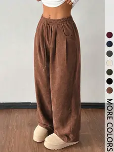 Women's Vintage Loose-Fitting Solid Corduroy Drawstring Pants, Casual All-Season Straight Leg Trousers for Autumn & Winter Valentine's Day