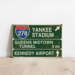 Vintage Yankee Stadium Highway Sign Canvas Art - New York Baseball Retro Decor, Distressed Road Sign Wall Art,Optional Wooden Frame