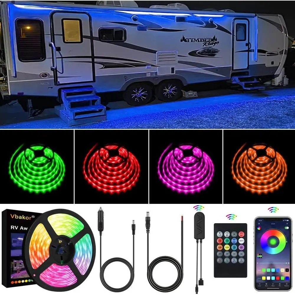 RV Awning Lights Kit, 20FT RGB Dimmable Waterproof 12V Camper Awning Strip Lights with APP/Remote Control, Sound Music Sync, RV Exterior Lighting for Party Motorhome Travel Trailer