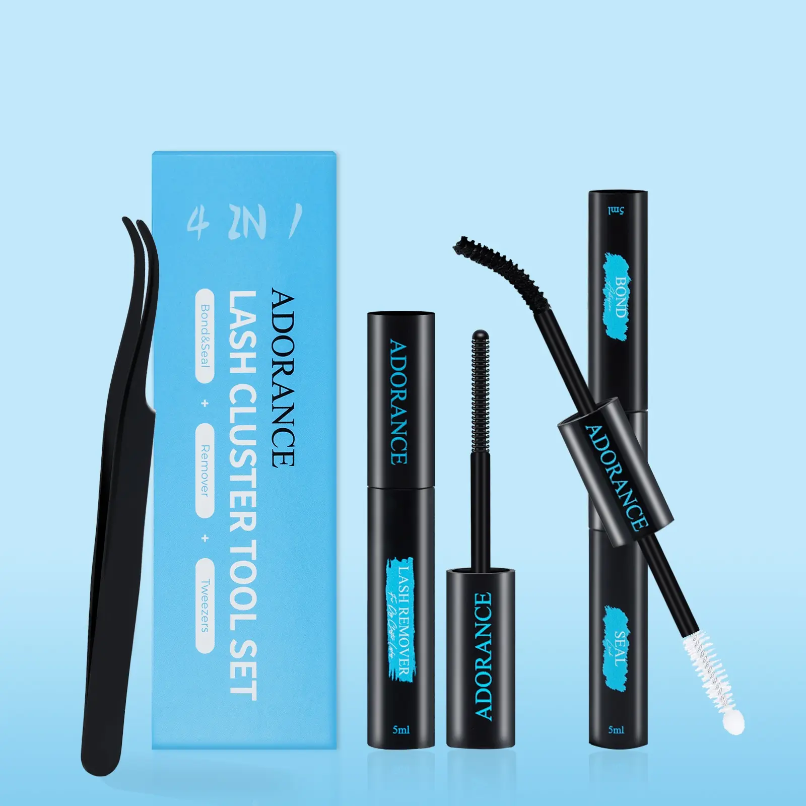 ADORANCE Lash Clusters Kit Glue Bond and Seal with Lash Glue Remover and Tweezers Long-Lasting, Waterproof Bond Seal Lashes For DIY Eyelash Extension At Home Use Beginners Friendly 4-in-1 Eyelash Tools