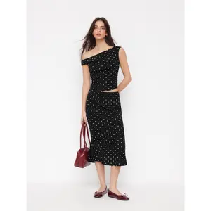 Cider Cotton-blend Off-shoulder Ruched Top & Polka Dot Mermaid Maxi Skirt Set