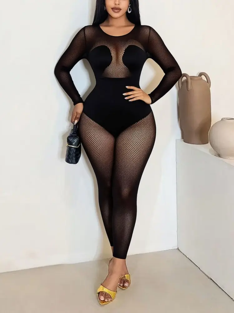 Women's Black Lacy Nylon Fabric Sculpting Bodysuit - Slimming Short Sleeves, High Neck, Sexy Fitted Clubwear Bodysuit