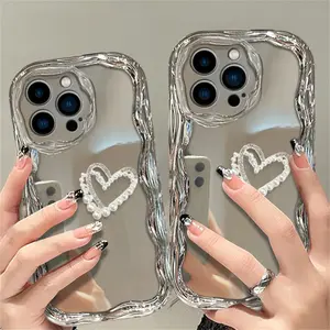 Luxury 3D Silver Pearl Heart Wavy Phone Case For iPhone 15 14 13 11 12 Pro Max Plus Mini 7 8 Plus SE 3 Soft Shockproof Cover Screen Protector Protection Cellphone Protective Casing Smartphone