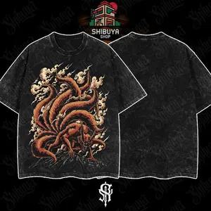 [Shibuya] Kurama Nine Tailed Fox Naruto Shippuden Anime Vintage Wash Tees Unisex Acid Washed Hoodie Heavyweight Cotton, graphic men clothing streetwear