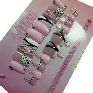 GEL PRESS ON NAIL & TOE SET with Pink and Black Polka Dot Design for Easy Application and Stylish Look