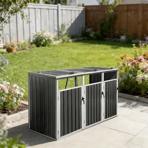Garbage Bin Shed Stores 3 Trash Cans Metal Outdoor Bin Shed for Garbage Storage,Grey
