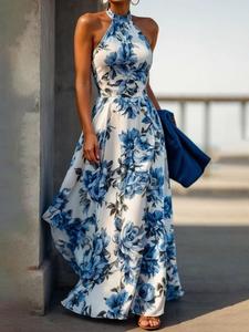 women's floral print zipper back a line dress, elegant bohemian formal sleeveless long dress for party holiday wedding guest, ladies summer clothes, boho womenswear, chic elegant aesthetic gowns