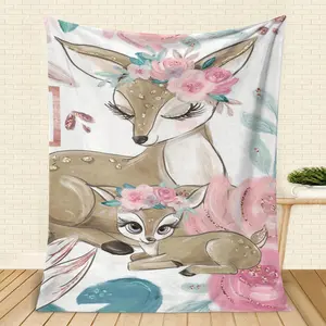 1Pc Cartoon Deer Print Blanket, Flannel Blanket, Soft Warm Throw Blanket Nap Blanket For Couch Sofa Office Bed Camping Travel, Multi-Purpose Gift Blanket For All Season