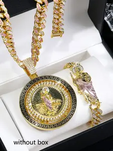 2pcs, Unisex Hip-Hop Style, Pink Oil Dripping Rotable St. Jude Round Pendant Byzantine Statement Necklace Fashion Jewelry Gift for Friends and Family, Perfect for Mother's Day Valentine's Day, All Year Round