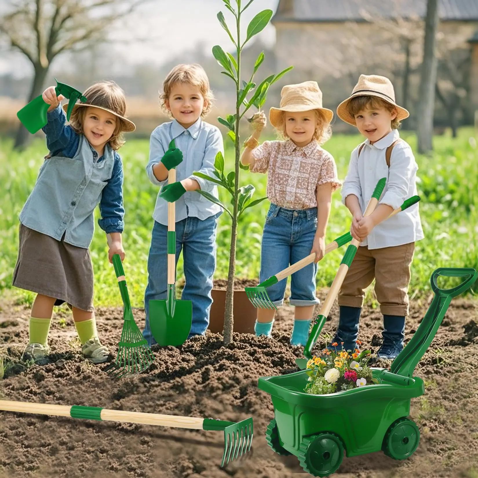 Kids Gardening Tools Set - 7PCS Outdoor Garden Playset with Wheelbarrow, Shovel, Rake, Leaf Rake, Gloves, Water Spray Bottle, Toddler Yard Work Toys, Summer Gift for Boys Girls Age 2-3+, Green Play Activities