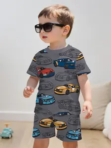 2 Pcs Kids Casual Set, Cartoon Racing Print T-Shirt & Gym Shorts, Summer Fashion, Perfect for Home, Leisure, Travel, Vacation