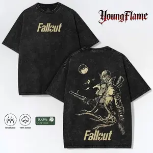 Fallout Inspired Washed Oversized Tee – Heavyweight Vintage Y2K Streetwear Graphic T-Shirt for Men | Post Apocalyptic Atomic Wasteland Goth Halloween Outfit boys merch fashion clothes black fits outdoorfun t-shirt gift