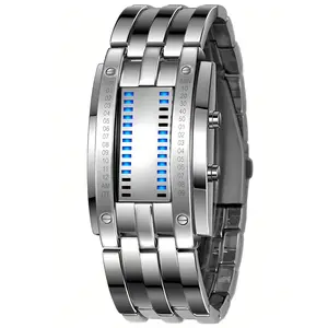 Men's Cool Binary Watch Stainless Steel LED Bracelet Watch Stylish Blue Light Sport Watch Vacuum plated Silver
