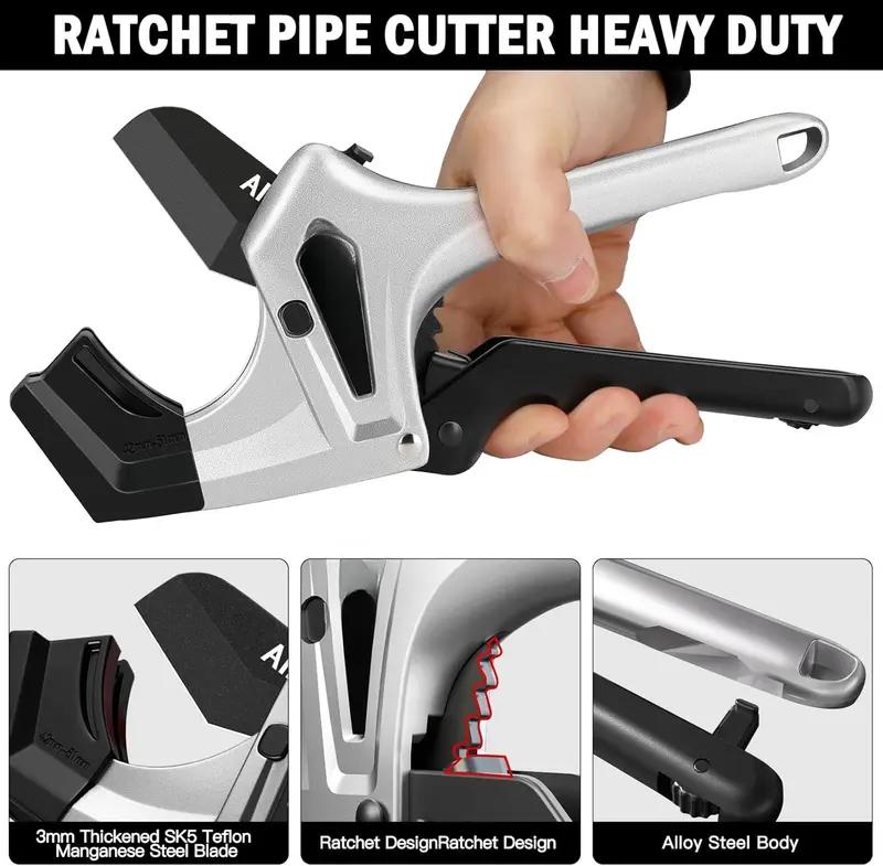 Heavy Duty Ratchet PVC Pipe Cutter – Cuts Up to 3" – One-Click Blade Replacement – Sharp Shears for PVC, PEX, Plastic Pipes – Clean, Effortless Cuts – Extra Spare Blade Included