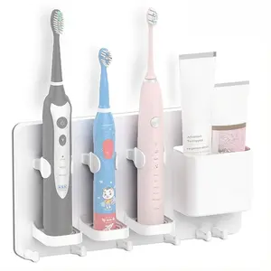 No-Drill Adhesive Electric Toothbrush Holder with Razor Hook, Bathroom Organizer Wall Mount, Slip-Resistant Shower Storage Box, Waterproof Self-Stick Vanity Shelf for Toiletries