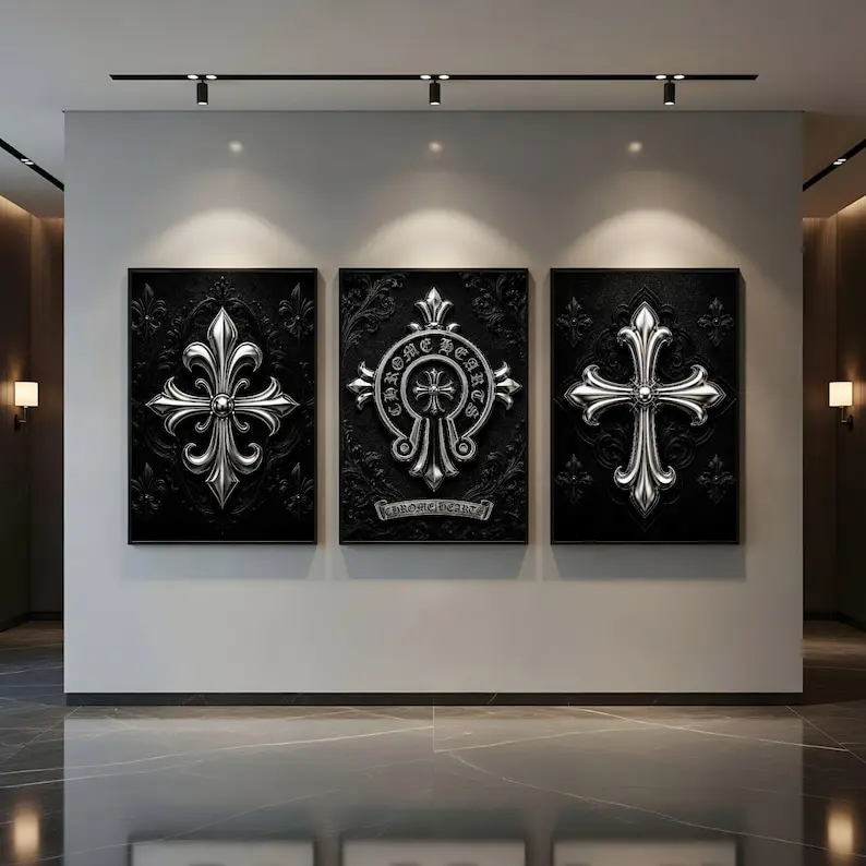 Chrome Hearts Wall Art Poster Set of 3, Luxury Hypebeast Room Decor Black Silver Gothic Cross Posters,Fleur De Lis Decor, Gothic Room Prints