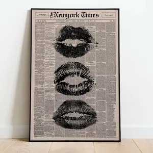Trendy Black Kiss Lips Newspaper Unframe Poster, Vintage Black And White Wall Art, Retro Aesthetic Print, Canvas Wall Hanging, Girly Wall Decor