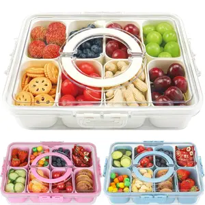 1Pc Divided Serving Tray with Lid and Handle, Portable Snackle Box Charcuterie Container for Party, Veggies, Snack, Fruit, Nuts, Candy, Christmas Tray Reusable Snack Box for Entertaining, Cream White