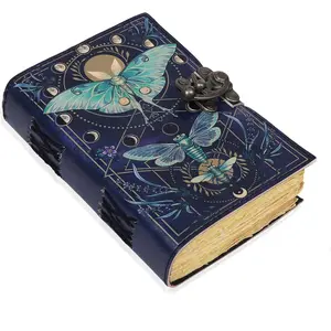 Book of Spells Leather Bound Luna  Journal Deckle Edge Paper Grimoire Morpho Butterfly Printed Diary Notebook Spiral Gothic Notebook Antique  Book for Men and Women