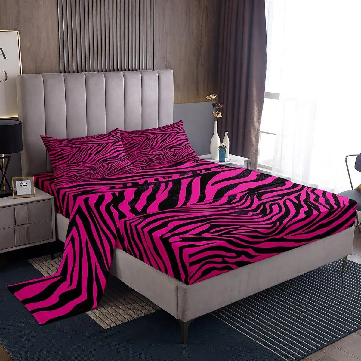Zebra Bed Sheets Set Animal Print Sheet Set Decor Hot Pink Sheets with Deep Pocket Fitted Sheet Microfiber Abstract Art Bedding Set Bedroom Stripes Bed Set