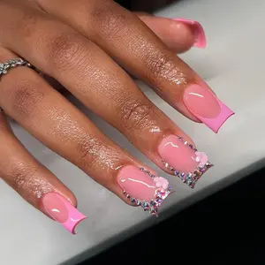 Flower Decor Fake Nails, Flower Design Nails with Nail File & Tape, 24pcs Short Duckbill Shaped Press on Nails for Women & Girls DIY Nail Art, Elegant Stick on Nails Kit, Acrylic Press Nails