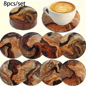 8-Piece Round Coasters Set, Wooden Texture Design, Aesthetic Multi-Use Drink Mats for Coffee & Tea Cups, Home Decor Gift for Parents Friends