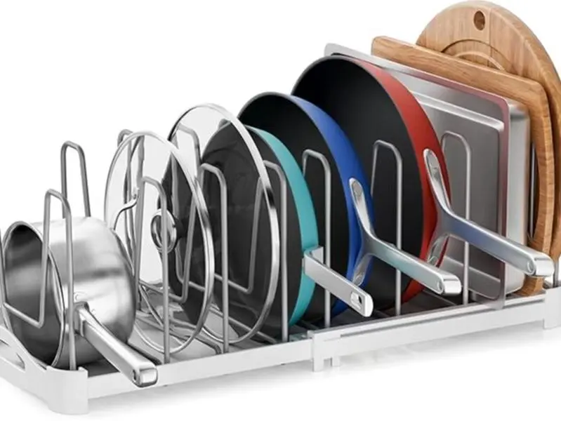Stainless Steel & ABS Expandable Pot Lid Organizer, 7 Adjustable Compartments, 12.6"-22.4" L x 7.9" W x 6.3" H Storage Rack for Cabinet/Counter, Holds Pans, Cutting Boards, Cake Molds, White Grey Holiday Kitchen Gift, Kitchen Storage, Bakeware Organizer,,