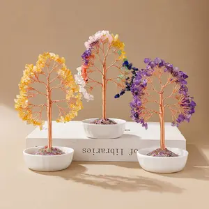 Natural Crystal Tree Shaped Ornament, 1 Count Chakra Energy Stone Money Tree with Ceramic Bowl, Feng Shui Decor for Home Office Desk, Fruit