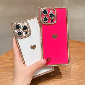 Artistic Heart Design Phone Case for iPhone 16/15/14/13, Electroplated Edges & Rhinestones, Durable Protection, Stylish Look