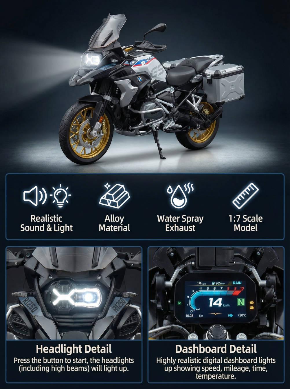 BMW R1250 GS Adventure Motorcycle Model 1:7Scale Alloy Diecast with Lights & Sounds, WaterSpray Exhaust, Detachable Parts, DashboardDisplay, Collectible Toy Gift for Adults Kids 14+ BMW R1250 GS Adventure Motorcycle Model 1:7Scale Alloy Diecast with Lights & Sounds, WaterSpray Exhaust, Detachable Parts, DashboardDisplay, Collectible Toy Gift for Adults Kids 14+