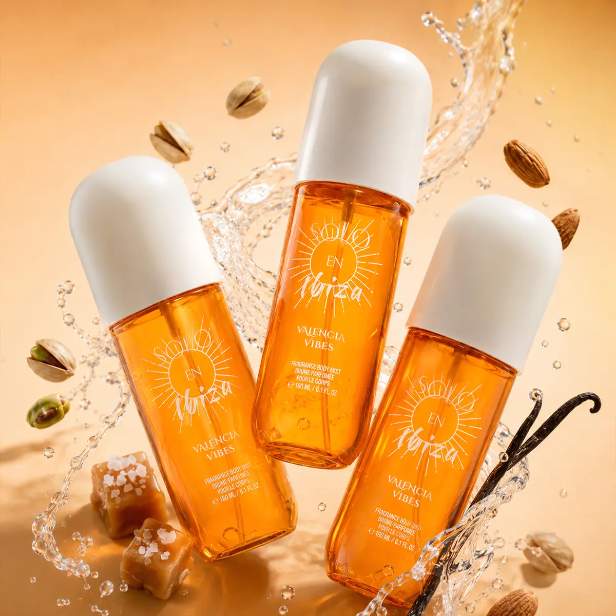 SOLO EN IBIZA Valencia Vibes Body & Hair Fragrance Mist - 6.1 fl oz Long-Lasting Gourmand Beauty Perfume with Pistachio, Salted Caramel, Sandalwood, Fresh Fragrances Cosmetics, Multi-Pack Compatible Hair Tips & Cloths Accessory