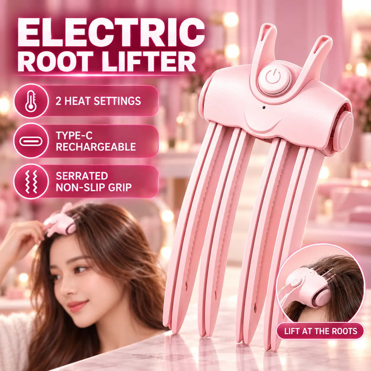 Heated Root-Lifting Hair Clip - Electric Volumizing Styling Tool with Quick Heat, 2 Temperature Settings, C-Type Charging, Perfect Gift for Girls