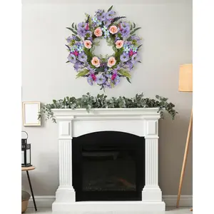 20 Inch Artificial Trumpet Rose Wreath – Lifelike Purple & Pink Floral Wreath for Front Door, Farmhouse Wall Decor, UV Resistant PVC+PE for Spring Summer Fall Winter Indoor Outdoor Use