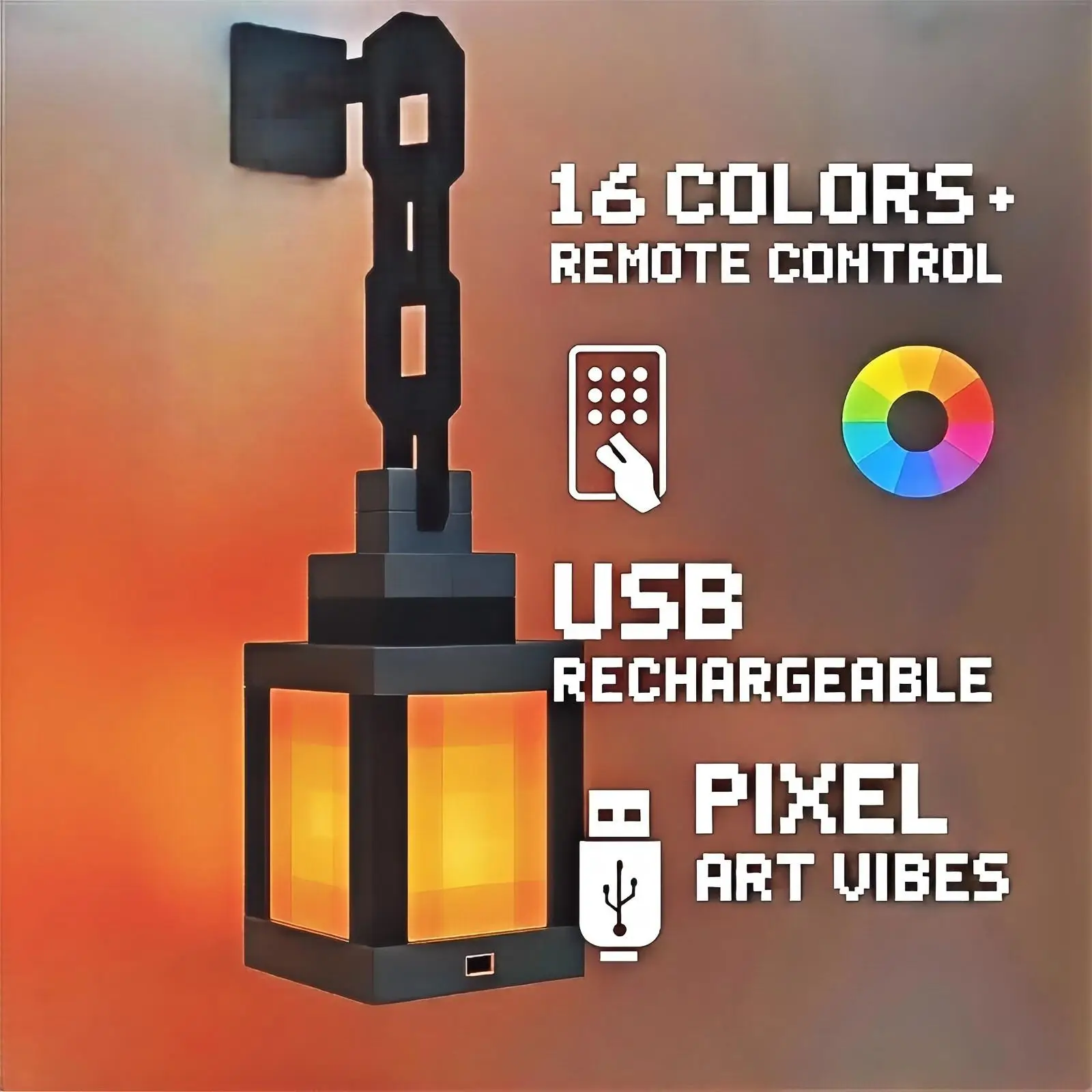 DIYCOM Pixel Lantern Night Lamp 16-Color RGB Changing Light USB-C Rechargeable Remote Control Four Modes Gamer Bedroom Decoration Halloween Party Supp