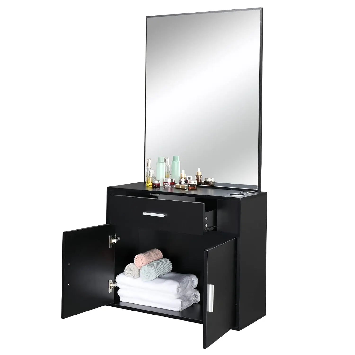 Winado Wall Mount Salon Station Barber Salon Station with Mirror, 1 Storage Cabinet, 2 Hair Dryer Holders for Hair Stylist Beauty Spa Equipment, Black