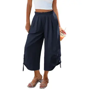 Women's Capri Wide Leg Pants Summer Beach 2-in-1 Cropped/Ankle Length High Waist Palazzo Flowy Slacks Culottes