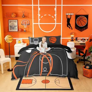 Basketball Court Print Bedding Set,Ball Sports Games Themed Duvet Cover,Boys Game Room Decor Comforter Cover Orange Basketball and Hoop Quilt Cover Set,(No Comforter)