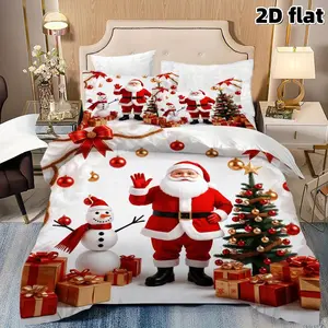 2D flat 3-piece fun Santa Claus snowman duvet set, Christmas and winter holiday bedding set, soft ultra-fine fiber duvet cover with pillowcase suitable for bedroom, living room, guest room decoration, Christmas gifts