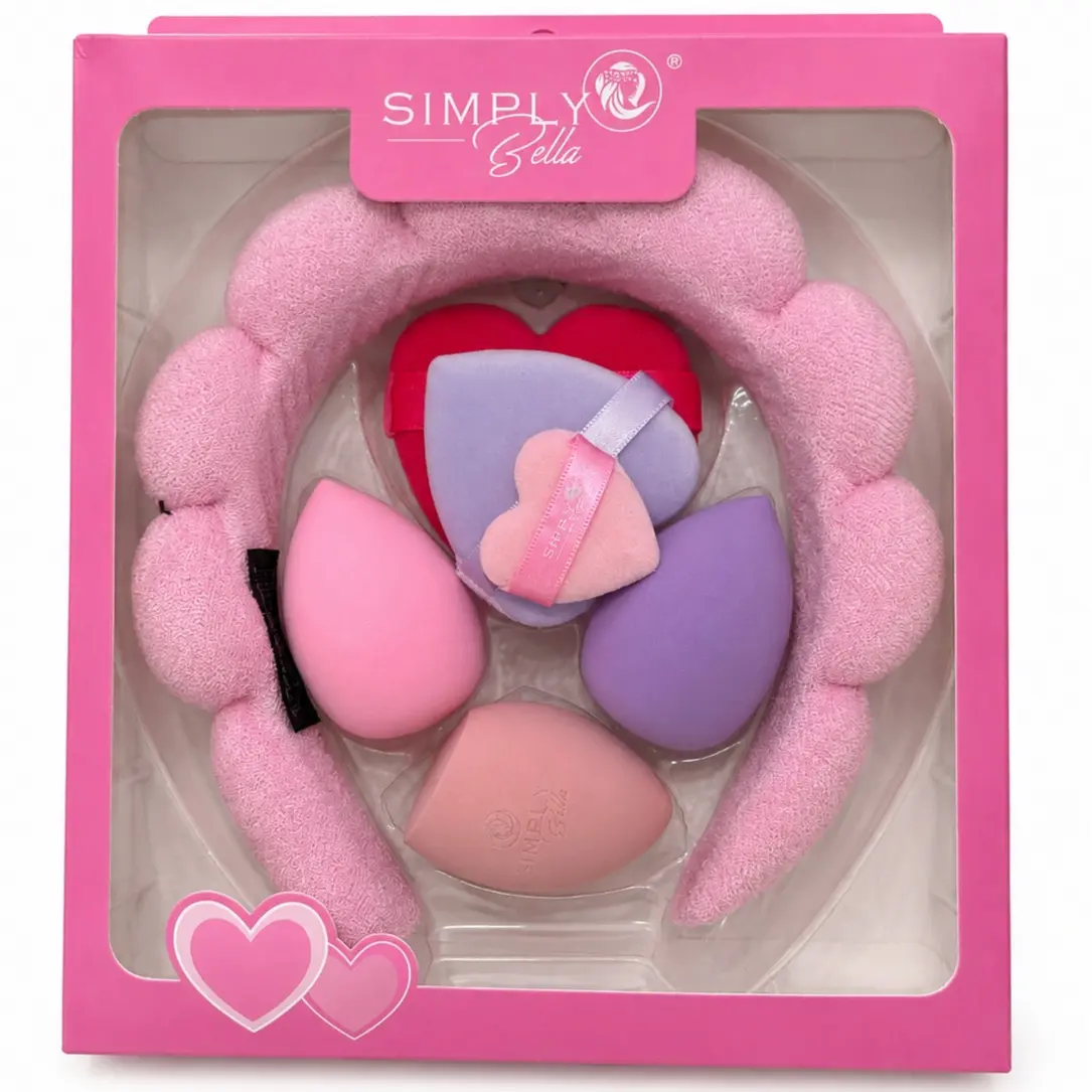 set de belleza simply bella con diadema y esponajas de maquillaje